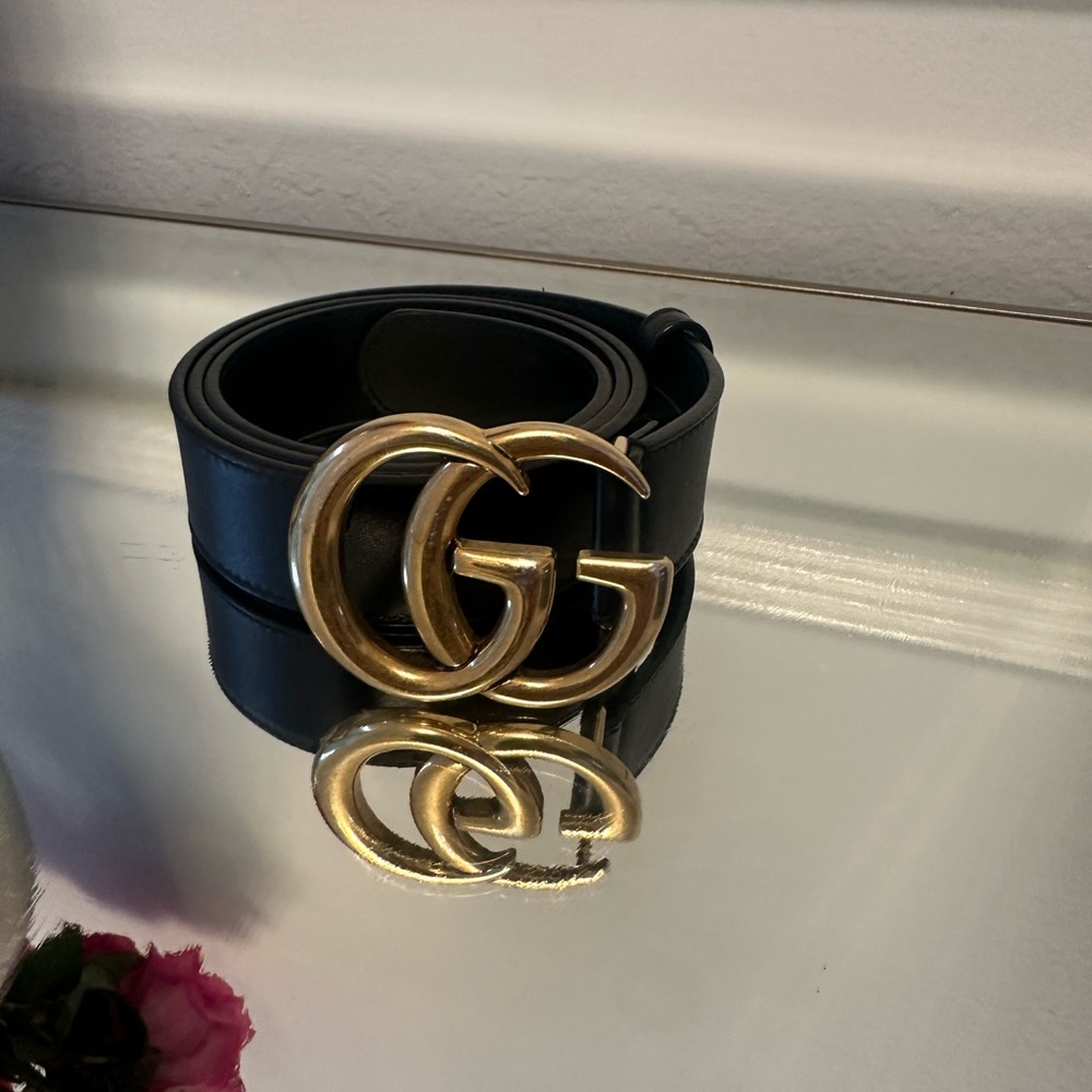 Black Leather Belt with Gold Buckle